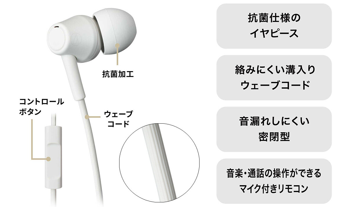 ATH-CK350XiS：絡みにくい溝入りウェーブコード